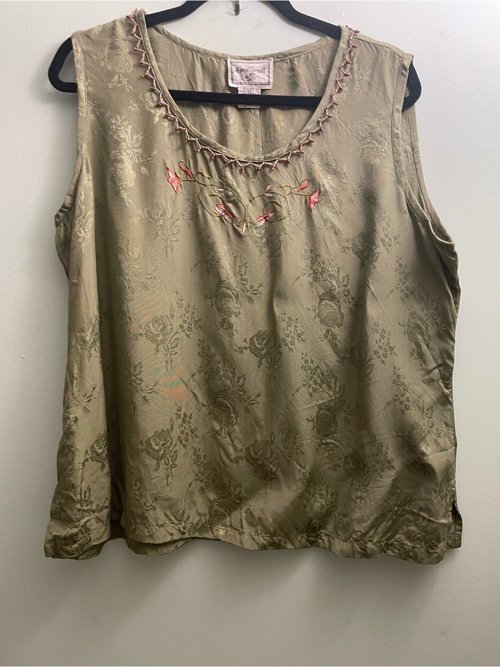 April Cornell Olive Green Sleeveless Embroidered Camisole